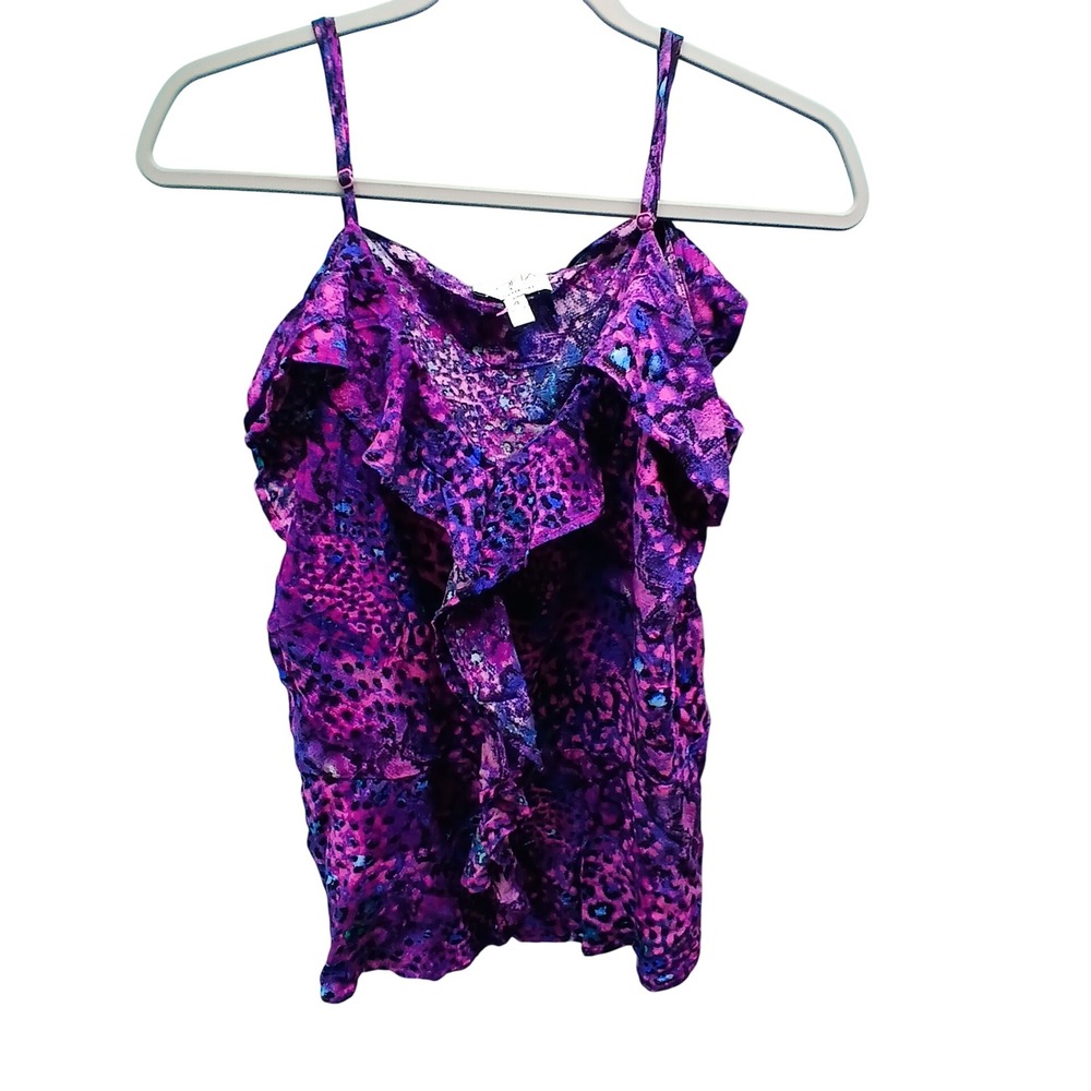 Sofia Jeans Cami XL Purple Animal Print Ruffle V-Neck Spaghetti Strap Tank Top